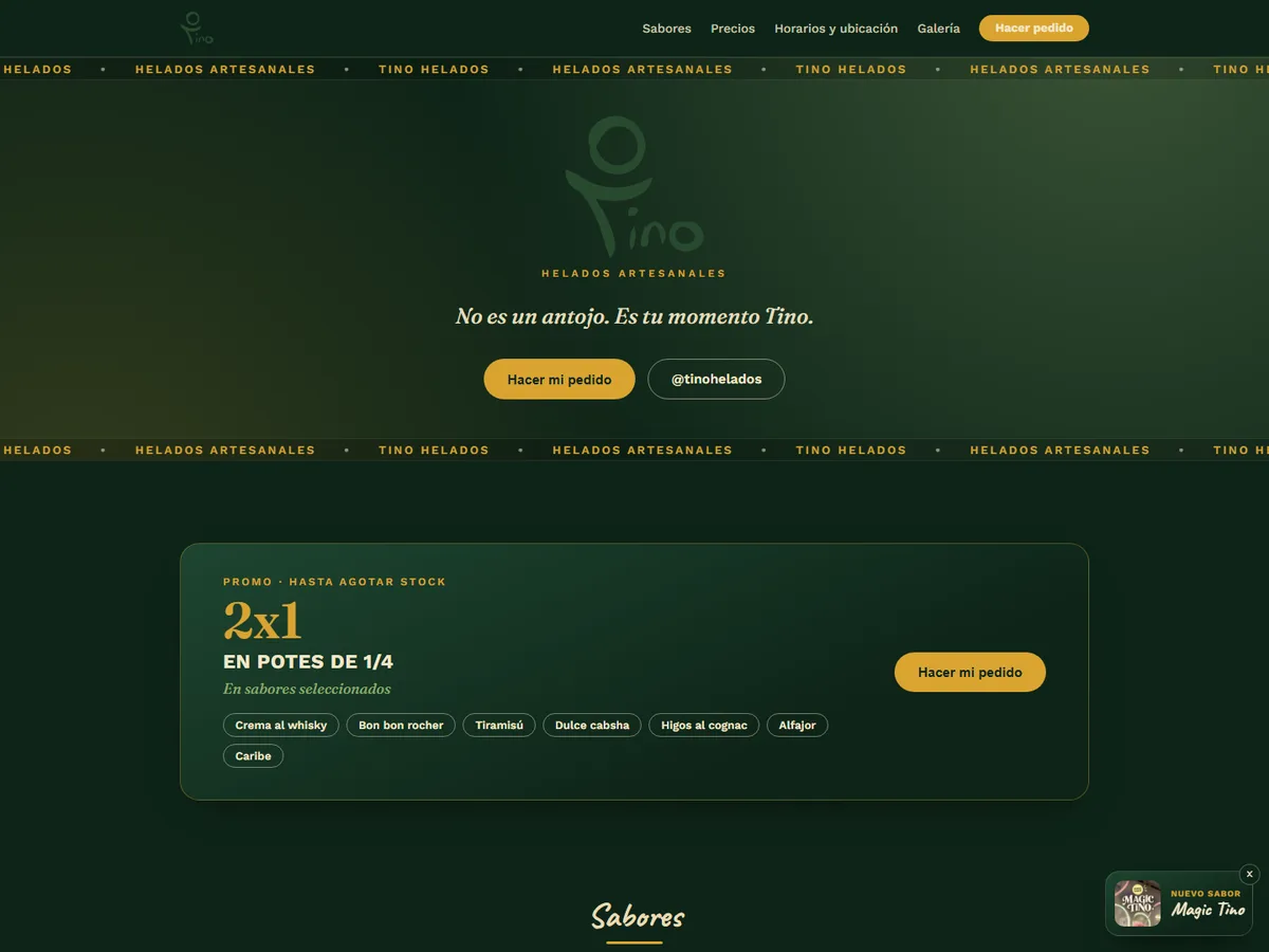 Portada de la web de Tino Helados: logo, lema «No es un antojo. Es tu momento Tino.» y promo 2x1 en potes